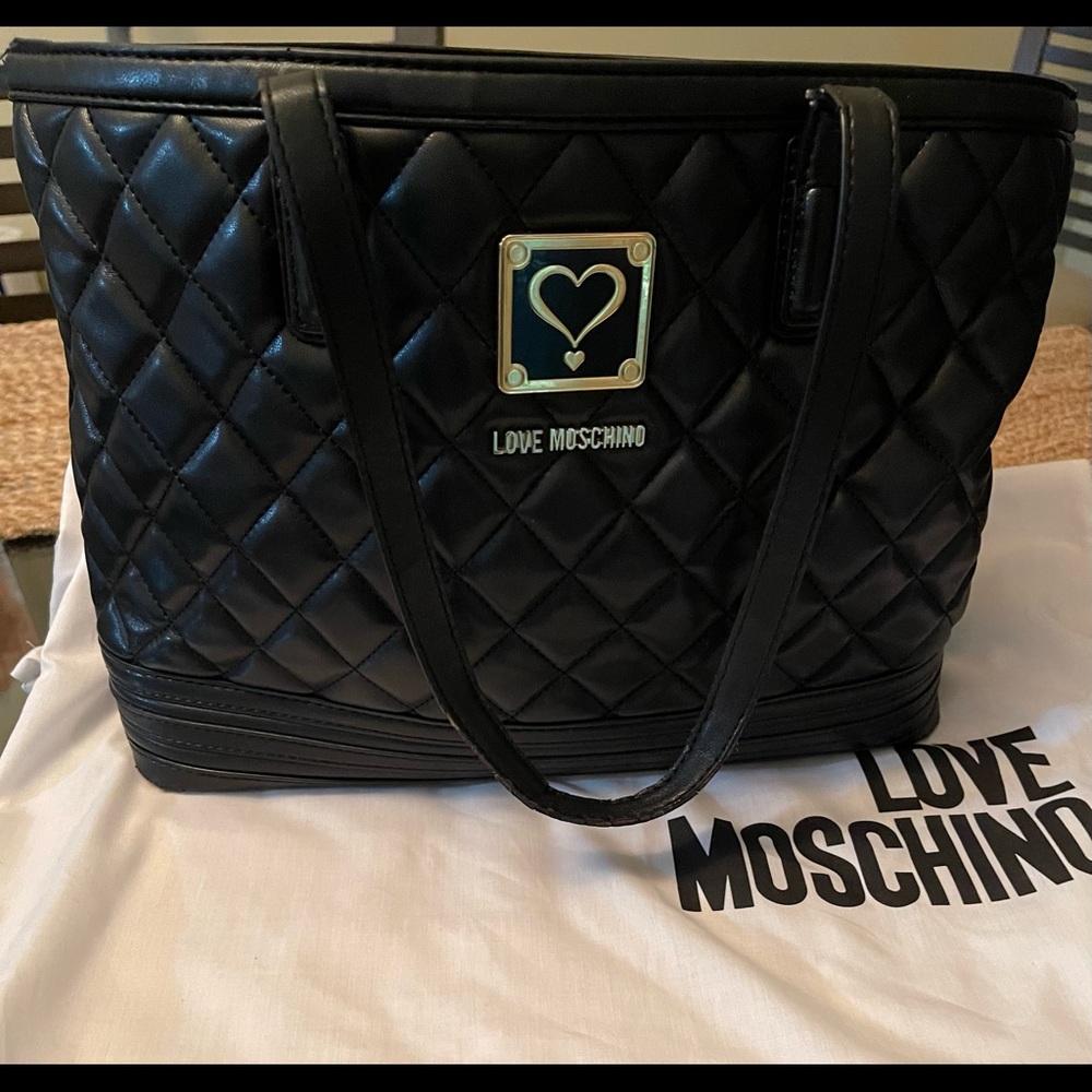 Love Moschino- Black Leather Tote with Red Lining